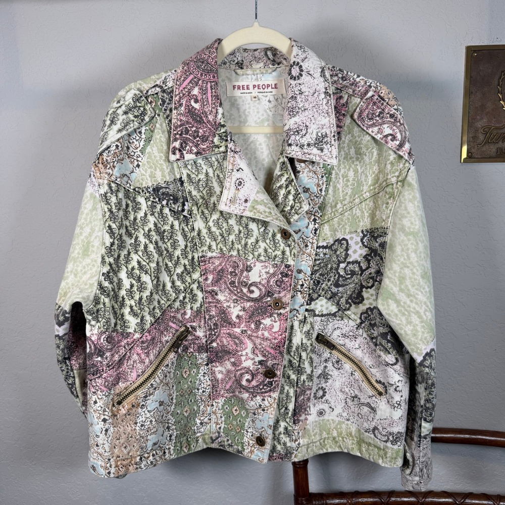 Free People Womens Patchwork Denim Jacket Paisley Floral Multi Color XS